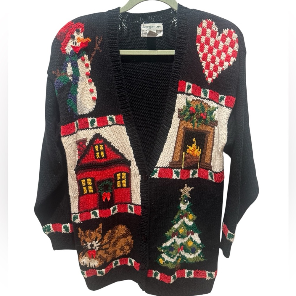 ACCESSORY LADY Holiday Themed Hand Knit Black Cardigan Sweater